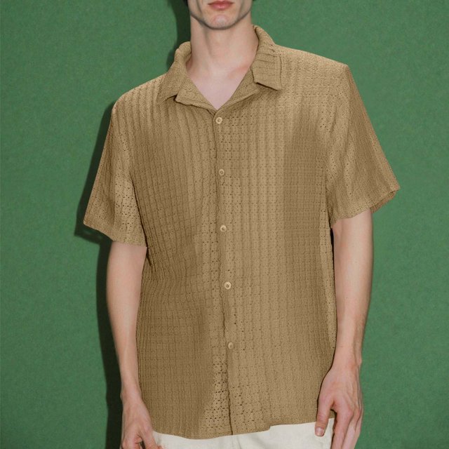 Blusa y camisa de manga corta con cuello vuelto para hombre, de color liso, holgada, informal, a la moda, con botones, de manga corta y cuello vuelto, blusa de poliéster para hombre