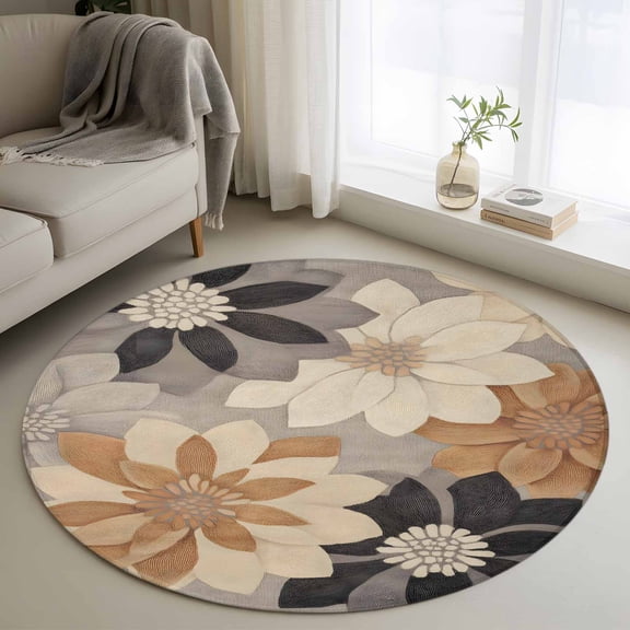 Burnt Orange Grey Round Rug 3ft Washable Circle Entryway Rugs Non Slip Retro Spring Floral Botanical Area Rug Indoor Floor Carpet for Bedroom Kitchen Living Room Home Office Dining Room Nursery