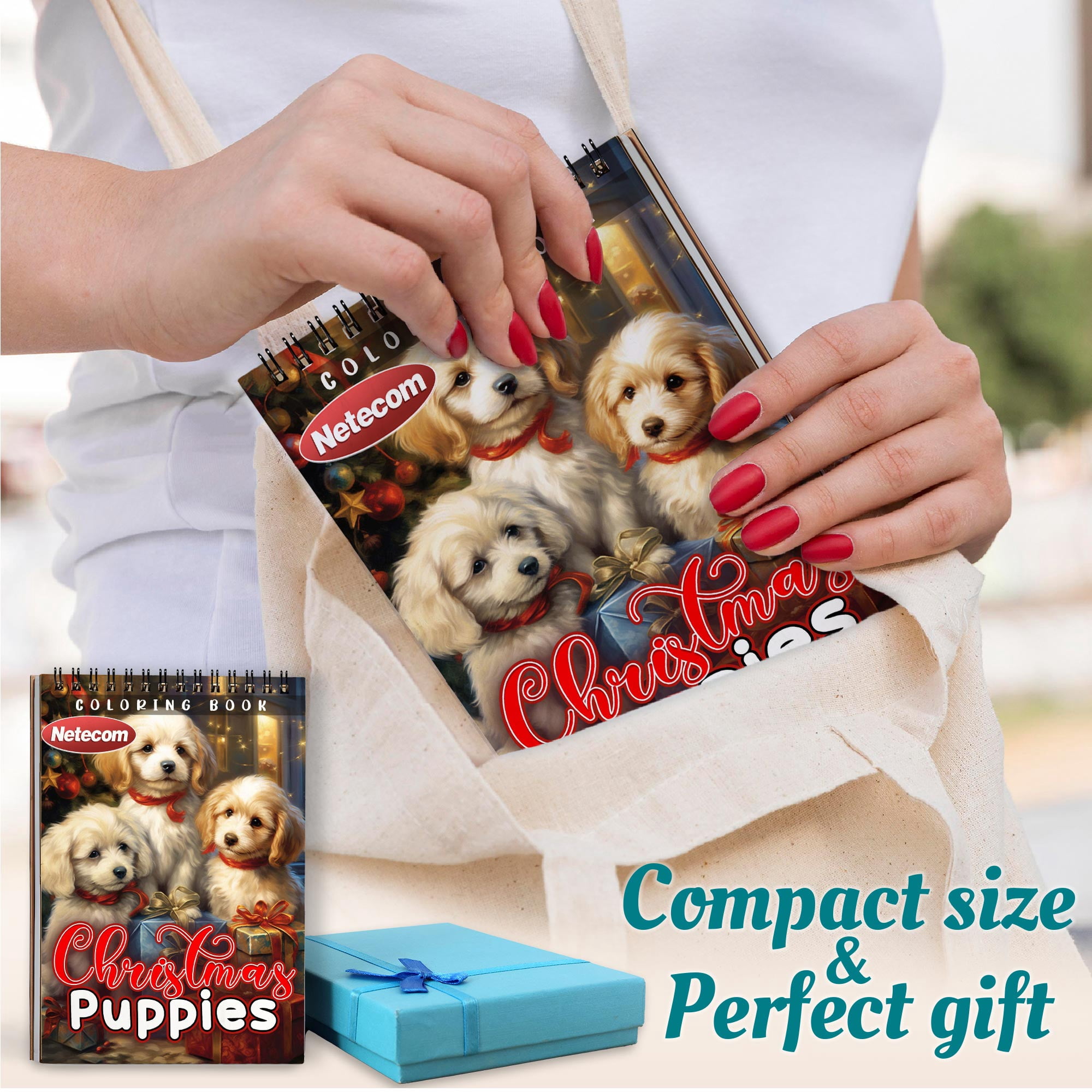 Netecom Christmas Puppies Coloring Book Spiral Bound for Adults, A5 Wooden Cover, 30 Adorable Coloring Pages of Puppies in Winter Scenes for Stress Relief and Relaxation