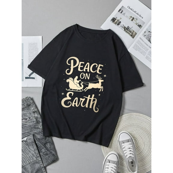Christmas Peace On Earth Santa Sleigh Reindeer Print Holiday Party Wear Black Graphic T-Shirt for Men and Women ,Tops Tee