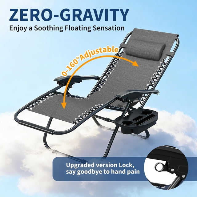 QinaQin Silla zero gravity para exterior con almohada y charola portavasos, reclinable y plegable, ideal para patio, playa, jardín o camping, cómoda y fácil de transportar