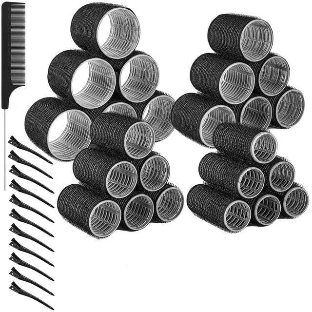 37 rulos de 4 tamaños: 63 mm, 48 mm, 36 mm y 25 mm; 12 pinzas de acero inoxidable y un peine para cabello largo y corto