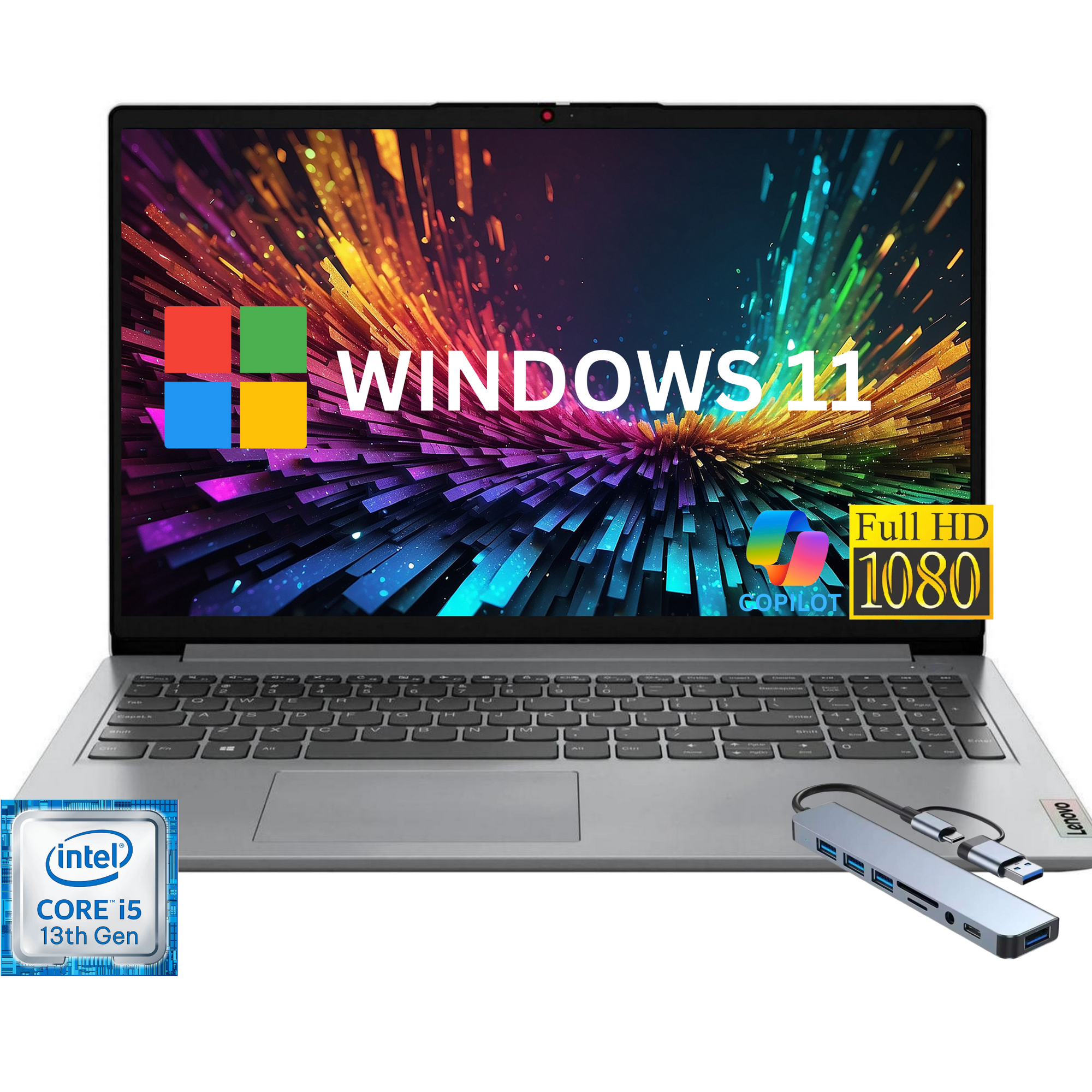 Lenovo Ideapad 1i 15.6" FHD Laptop, Intel Core i5 13th Gen 10-Core i5-1335U up to 4.6GHz, 16GB RAM, 256GB PCIe SSD, Windows 11,Gray/Hub
