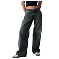 thumbnail image 2 of Wide Leg Jeans Woman Retro Low Waist Washed Straight Jeans Street Solid Color Casual Denim Pants with Pocket Dark Gray XS, 2 of 4