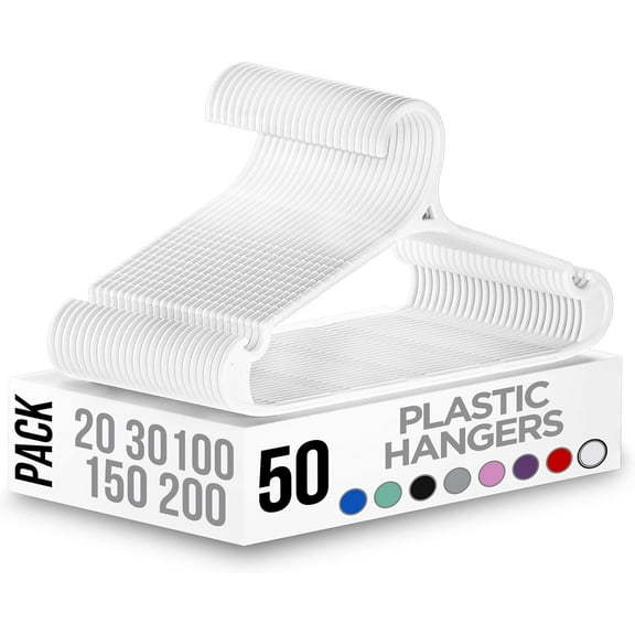 Mijoter Plastic Hangers 50 Pack for Shirts & Pants – Space-Saving Heavy Duty Plastic Hangers with Non-Slip Shoulder Grooves & Notches - Anti-Slip Pants Bar for Increased Grip (White)