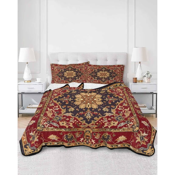 Quilts Twin Size, Red Boho Soft Comforter Bedding Set for Bed, Contemporary Abstract Ethnic Vintage Geometric Lightweight Quilted Bedspread with Pillow Cover(2 Pieces) for All Season, 68x86 Inch