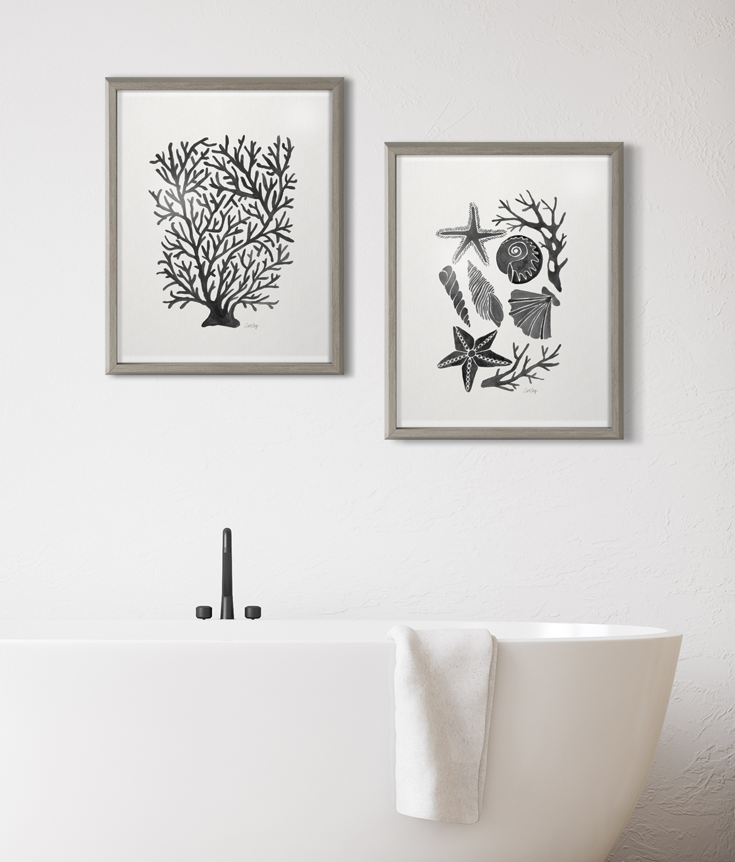 Kate and Laurel Blake Seashells Black Framed Printed Glass Wall Art by Cat Coquillette, 16x20 Gray, Decorative Coastal Art for Wall