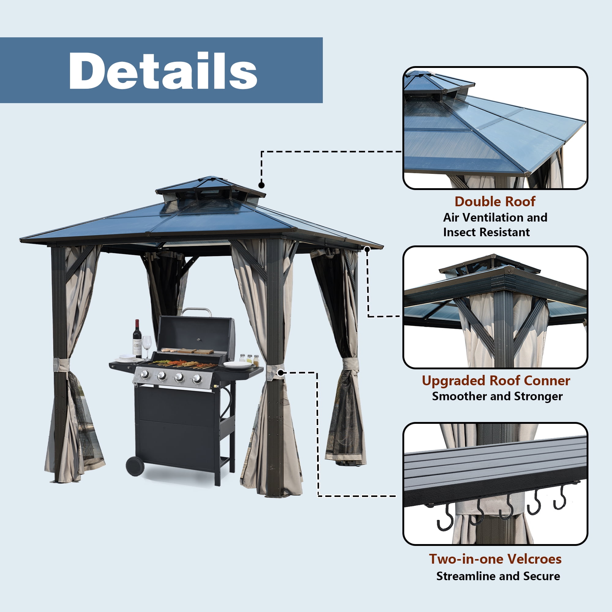 8FT x 8FT Double Roof BBQ Grill Gazebo with Grey Polycarbonate for Outdoor Use