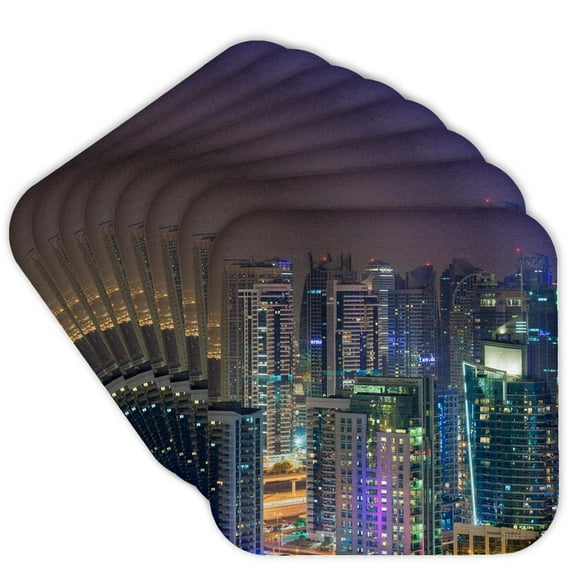 3drose, Uae, Nighttime View of Dubai Marina, Set of 8 Coasters - Soft