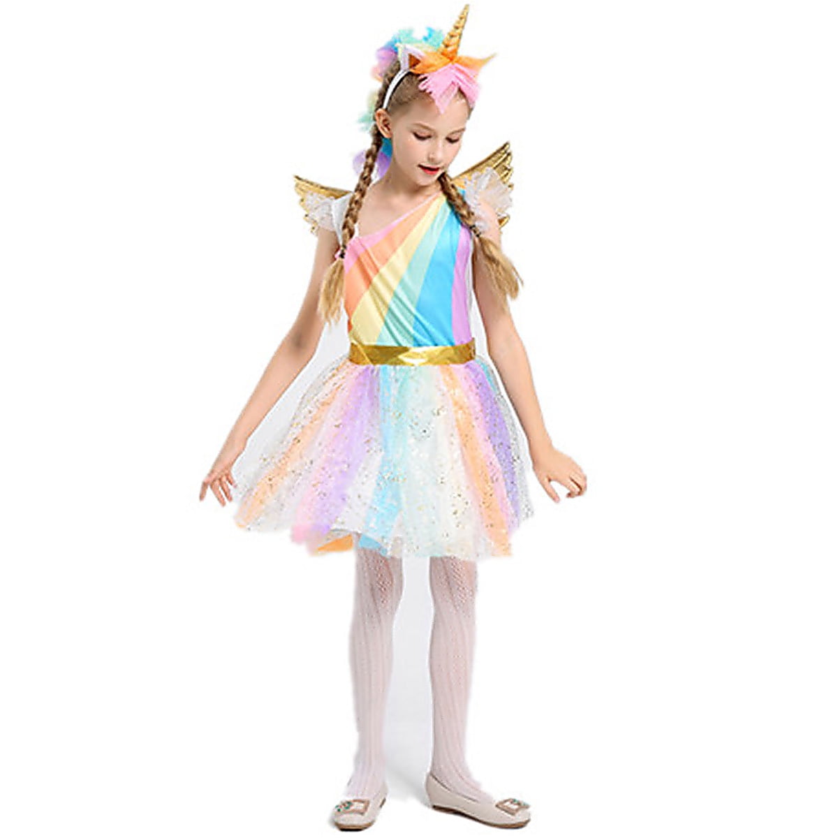 Girl Unicorn Costume Rainbow Tutu Dress Princess Birthday Party Gifts Halloween with Headband Wings