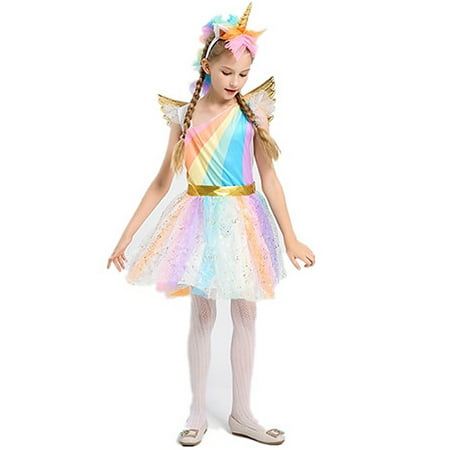 Girls Unicorn Costume Rainbow Dress with Wing Headband for Halloween Party