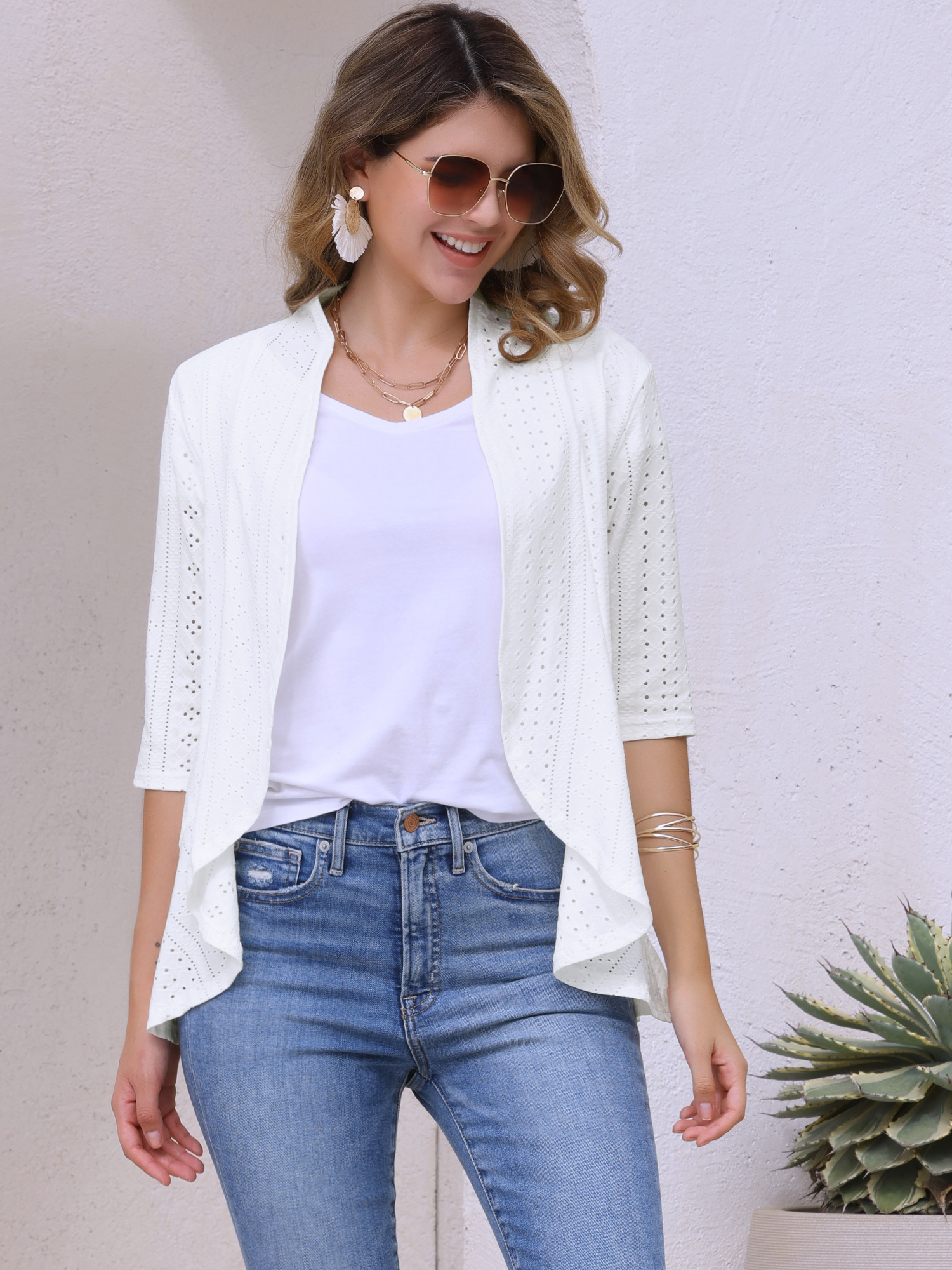DARING DIVA Womens Open Front 3/4 Sleeve Draped Ruffles Eyelet Cardigans S White
