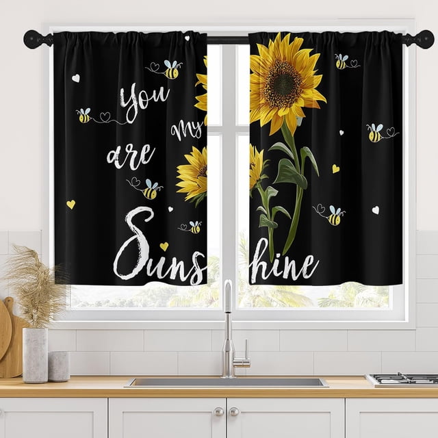 Sunflower Kitchen Curtains 36 Inch Length Bees Flower Window Curtains Over Sink Set of 2, Summer Sunshine Black Short Tier Curtain for Kitchen, Farmhouse Small Kitchen Decor 26x36 Inch