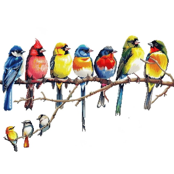 A Row of Colorful Birds Perched on Branches DIY 11CT Stamped Cross Stitch Kits for Beginners Easy Needlepoint Embroidery Counted Cross Stitch Art Craft for Wall Decoration 12x16inch(2)