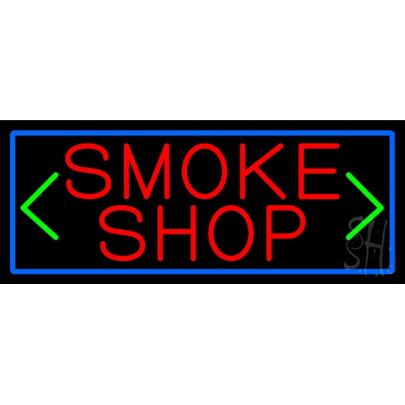 Smoke Shop And Arrow With Blue Border LED Neon Sign 10 x 24 - inches, Clear Edge Cut Acrylic Backing, with Dimmer - Bright and Premium built indoor LED Neon Sign for Bar decor.