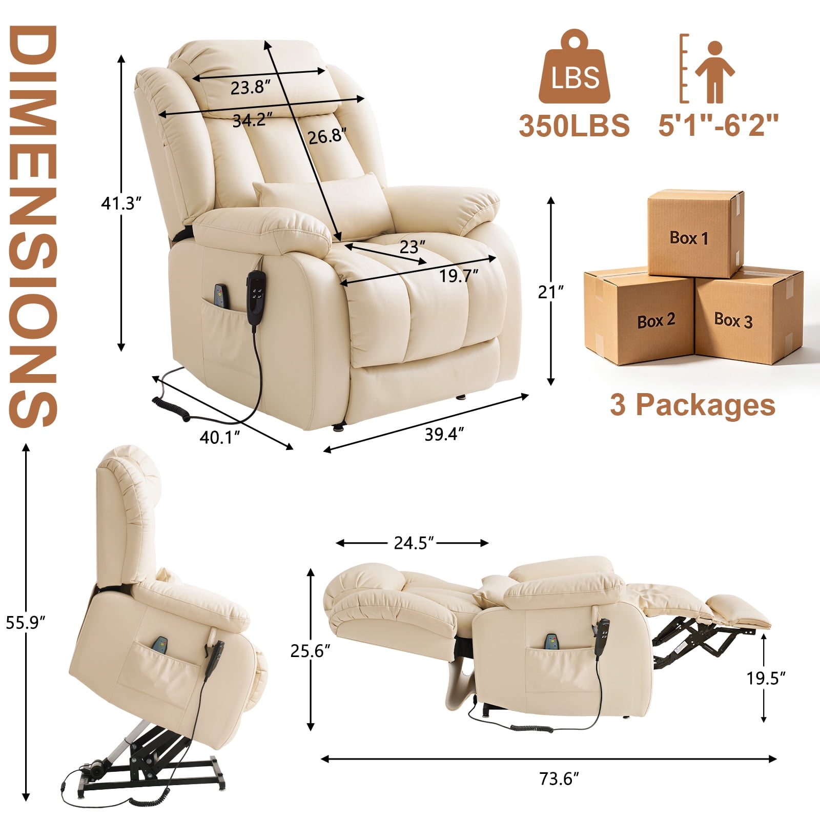 TEKAMON Infinite Position Lift Recliner Chair for Elderly with Heat Massage and Extended Footrest Lay Flat Sleeping Leather Dual Motor Power Lift Chair for Living Room (Beige)