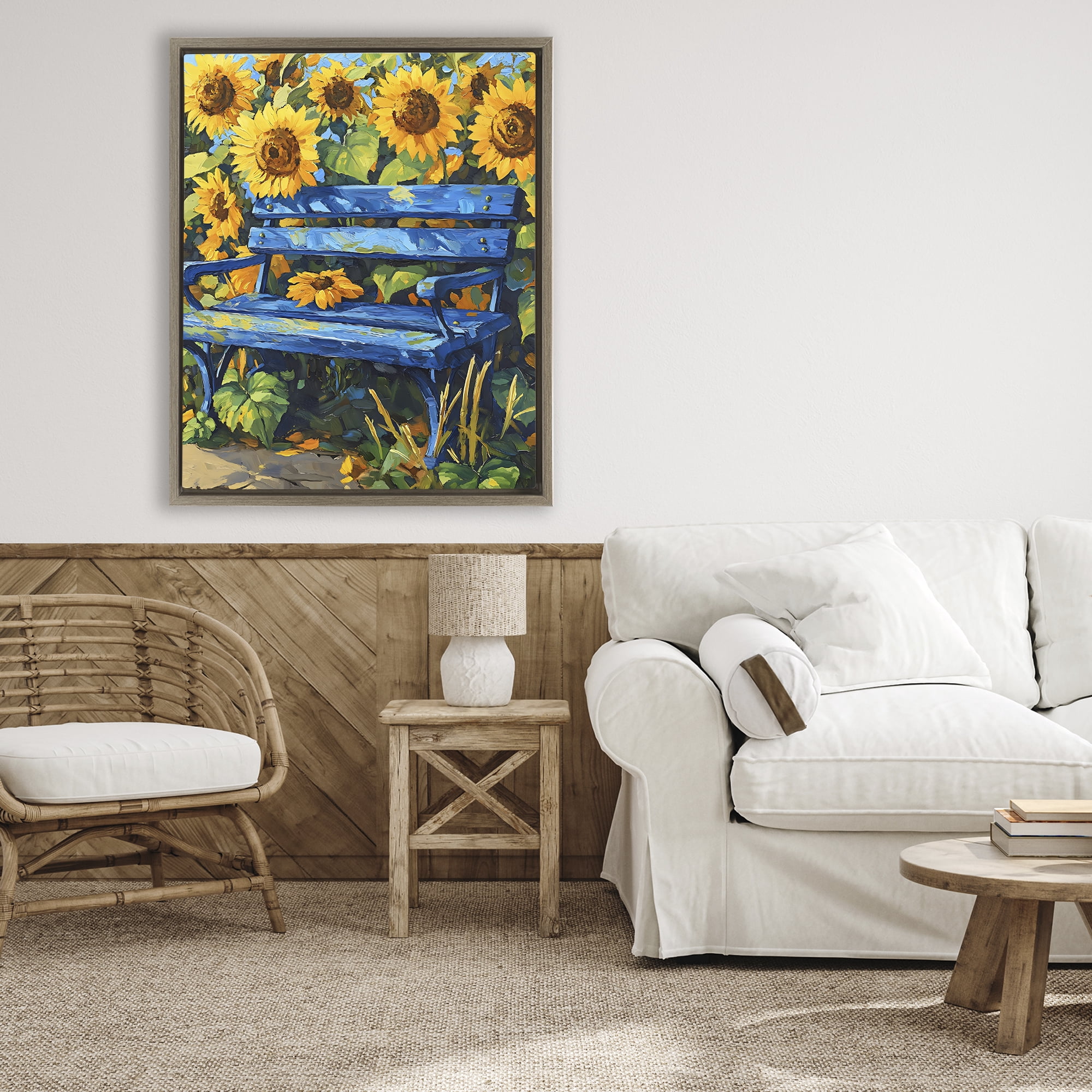 Stupell Industries Bench in Sunflower Field Brown Framed Floater Canvas Wall Art, design by Creative Studio