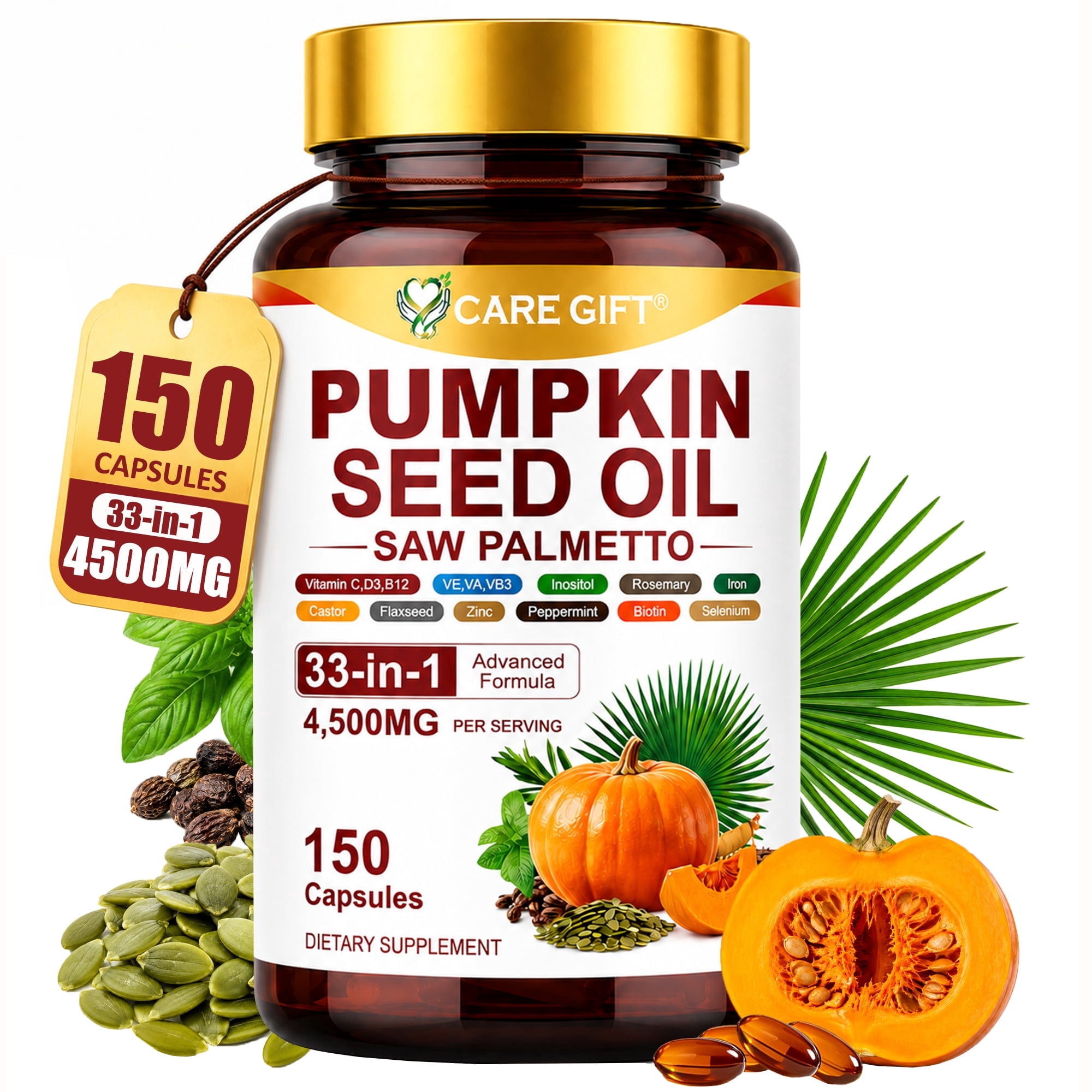 Pumpkin Seed Oil with Saw Palmetto Capsules | 4500mg | 150 Softgels| 33 in 1 Vitamin C D3 B12 E A, Castor, Zinc, Biotin, Iron, Peppermint | Hair Growth & DHT Blocker for Women Men