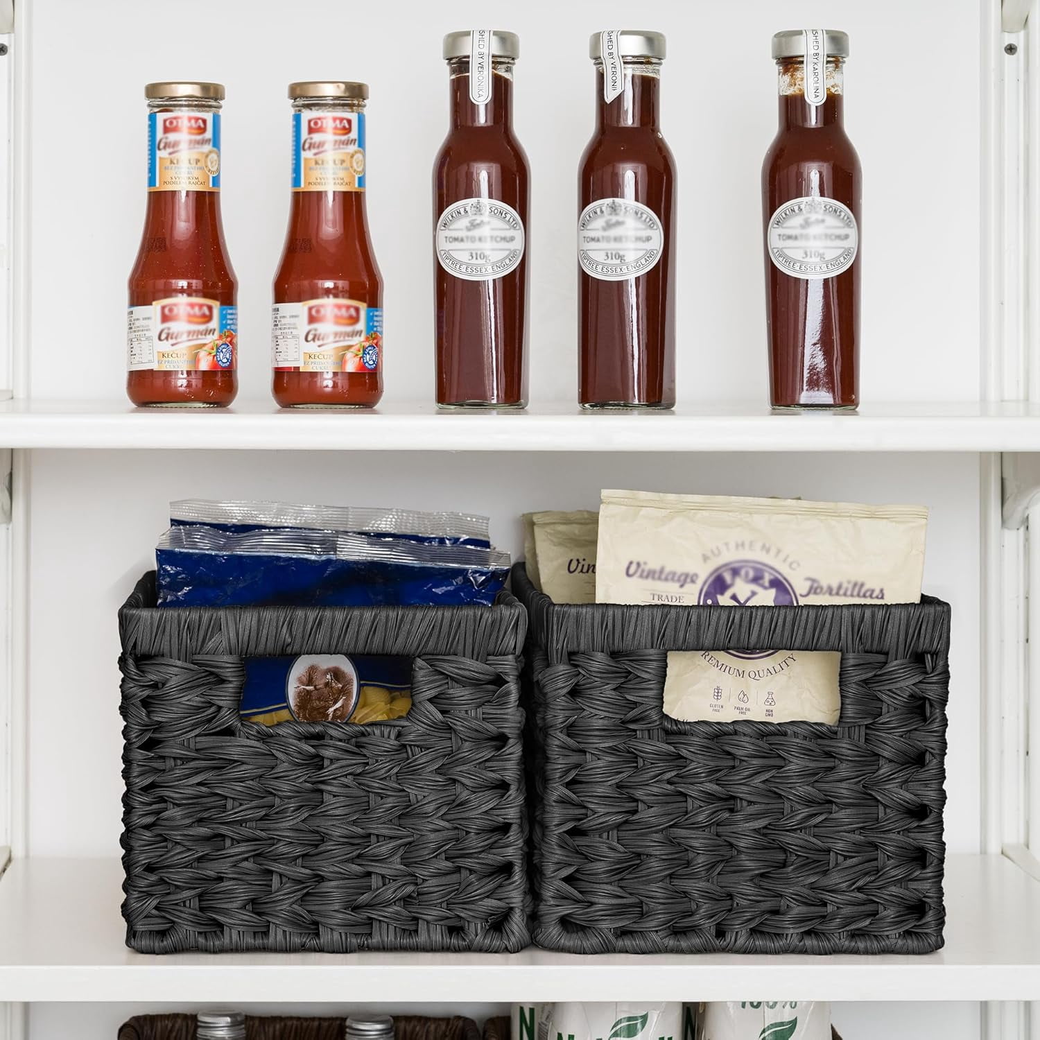 GRANNY SAYS Wicker Storage Baskets for Shelves, Waterproof Woven Baskets for Organizing, Hand Woven Rectangle Basket for Pantry, Black, 2-Pack