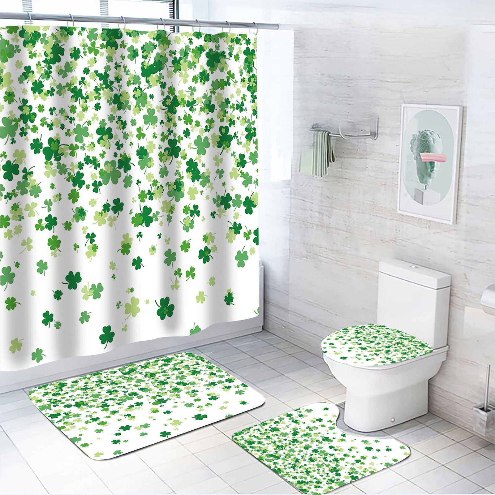 St. Patrick's Day Clover Shower Curtains With Toilet MatSet Of 4 Shamrocks Bath Curtains Set Of 4 With 12 Hooks Polyester Waterproof Bathroom Divider Curtain
