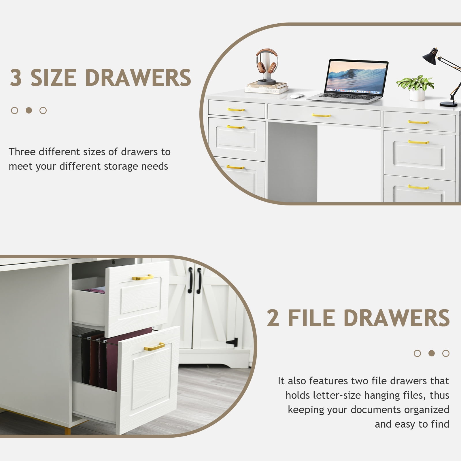 DreamCurship White Desk with 7 Drawers, White and Gold Desk with Storage,  57" Executive Desk with File Drawers, White