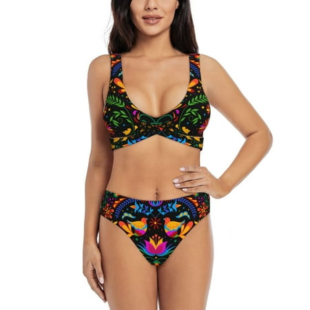 Zeuib Mexican Flower Traditional1 High Waisted Tummy Control Bikini Set - Knot Front Push Up Top & Cheeky Thong Bottom  Two-Piece Swimsuit for Women-XX-Large