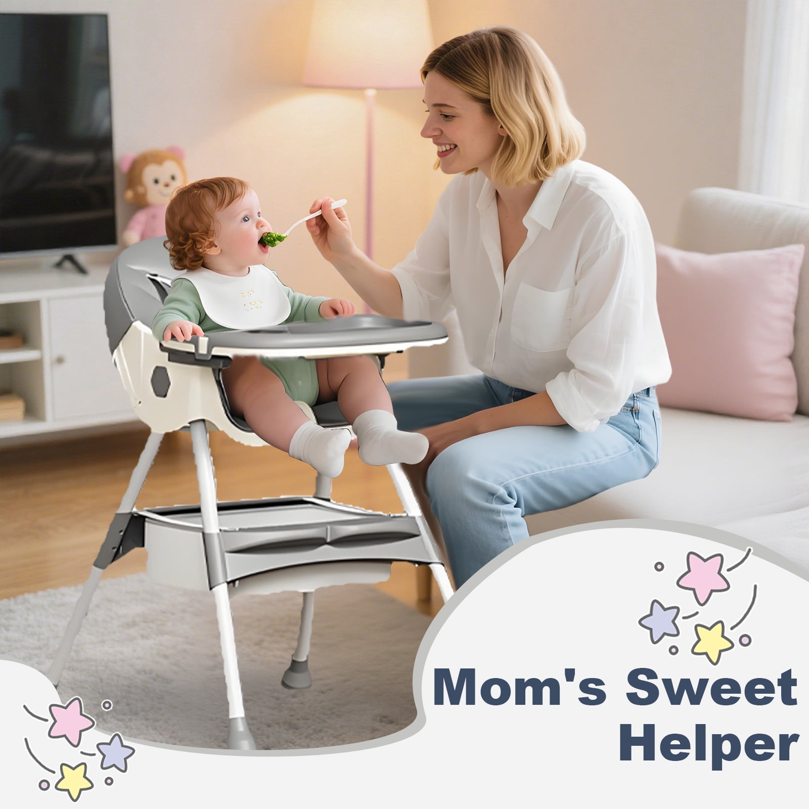 BEJOLO Baby High Chair, 4-in-1 Foldable Highchair Dining Feeding Chair with Double Dining Plate & Toy Rack, Infant to Toddler, Gray