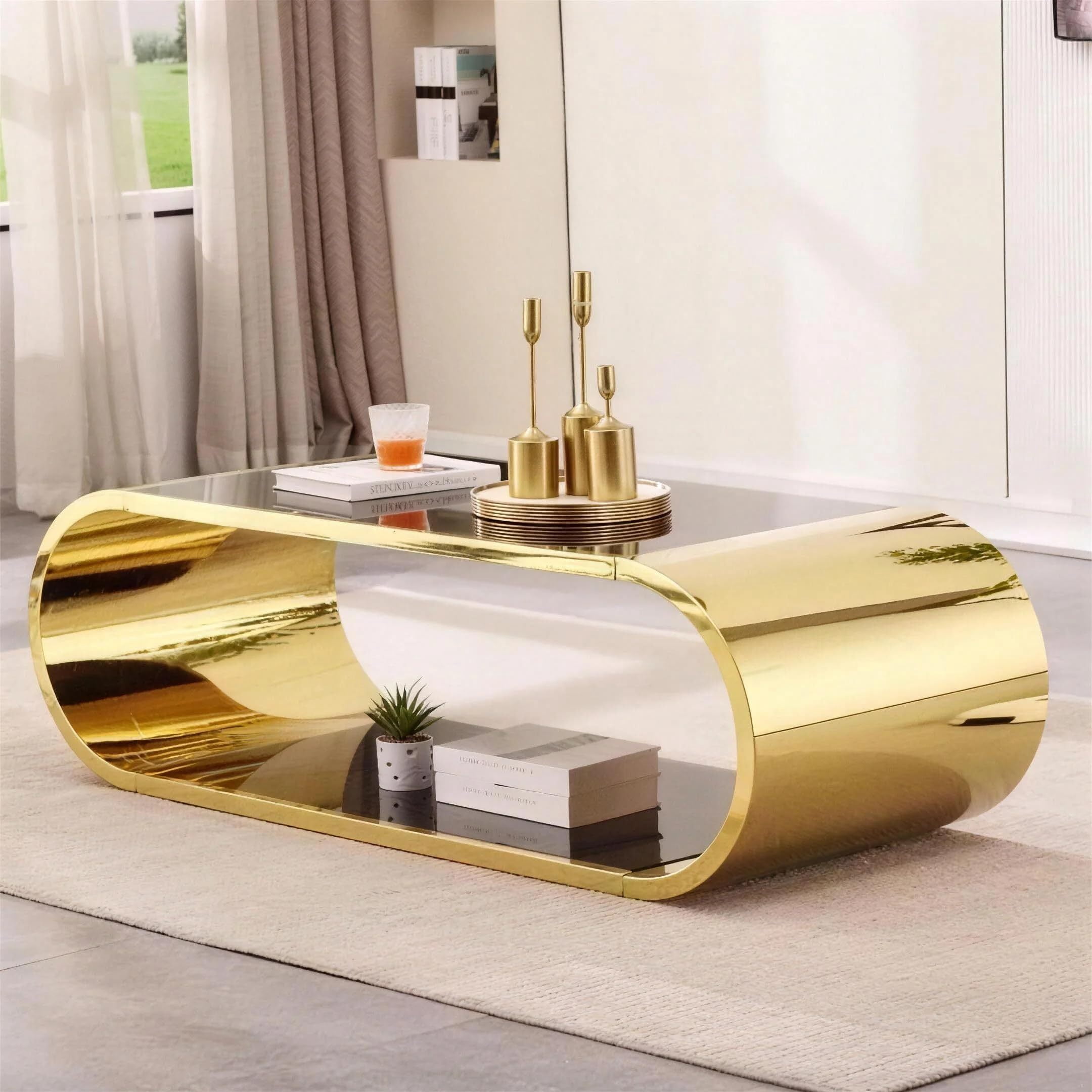 Shikeyi 57" Modern Oval Coffee Table with Gold Stainless Steel Base, 2-Tier Black Tempered Glass Top, Luxury Curved Center Table for Living Room, Home Office, Apartment, Unique Glam Decor