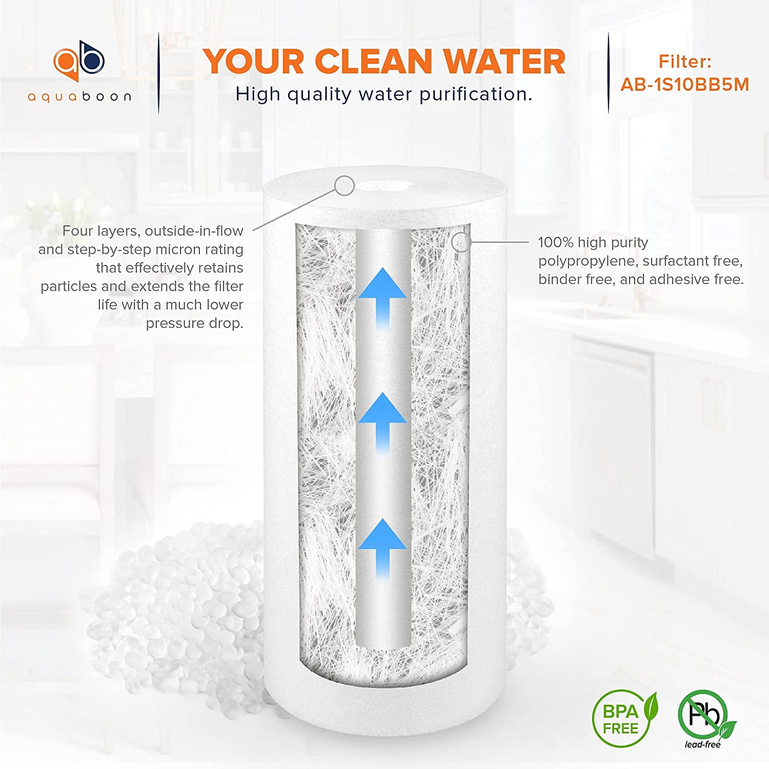 Aquaboon 5 Micron 10 x 4.5 Well Water Sediment Filter Replacement Whole House Water Filter Cartridge Compatible with DGD-5005, WFHD13001B, 6-Pack