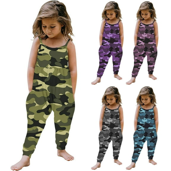 Dianli Tween Girls Trendy Clothes Girls Sleeveless Jumpsuit Long Pants Drawstring Cuffs Romper With Pockets Camo Print Toddler Girls Kids Jumpsuit Playsuit Strap Romper Summer Outfits Clothes