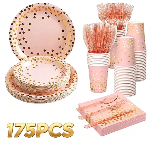 Xipavic 175PCS Party Packs Pink Gold Paper Plates Disposable Dinnerware Set for 25 Guests