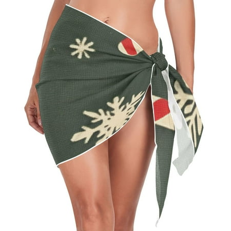 Ckdifva Christmas Candy Cane Snowflakes Beach Cover Up for Women Swimsuit Coverups Bikini Wrap Short Skirt