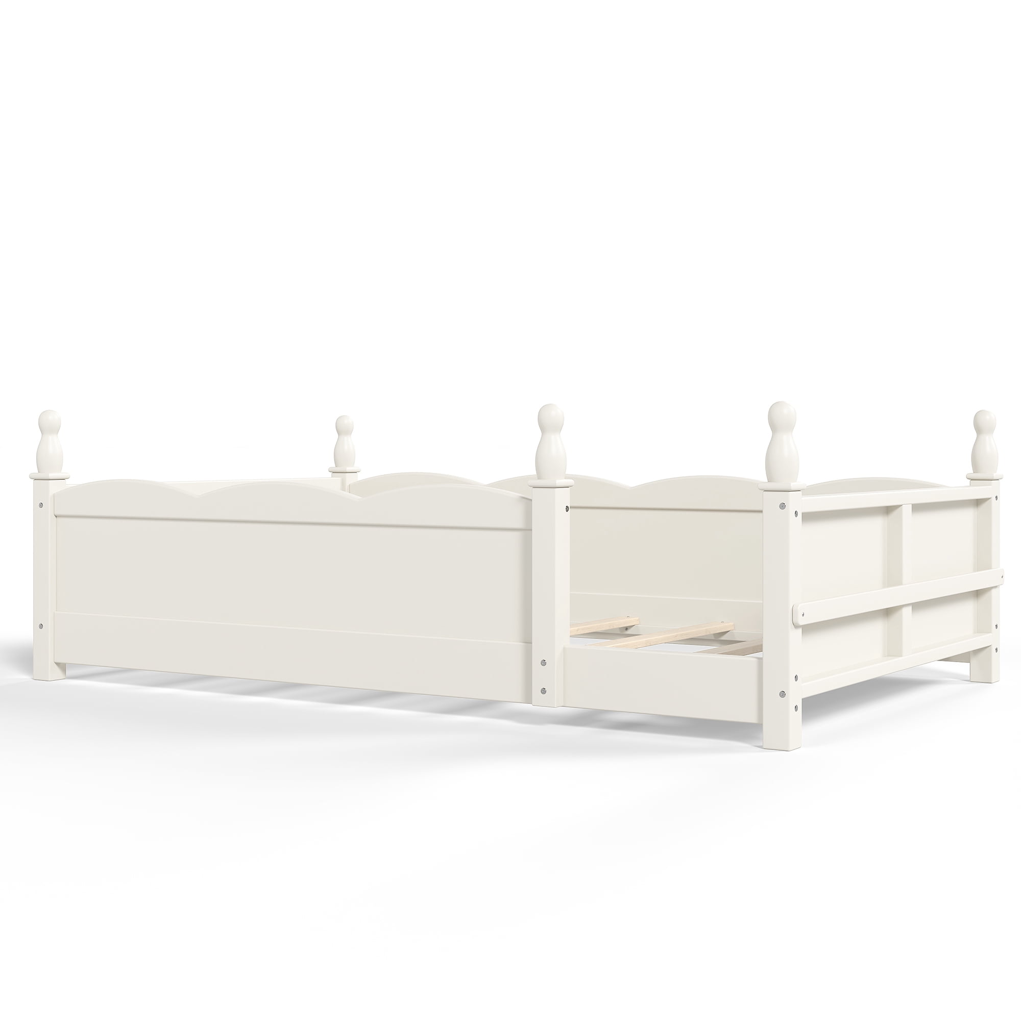 Montessori Twin Floor Bed with Full-Length Guardrails and Bookshelf, Low Profile Kids Bed with Childlike Design, Beige