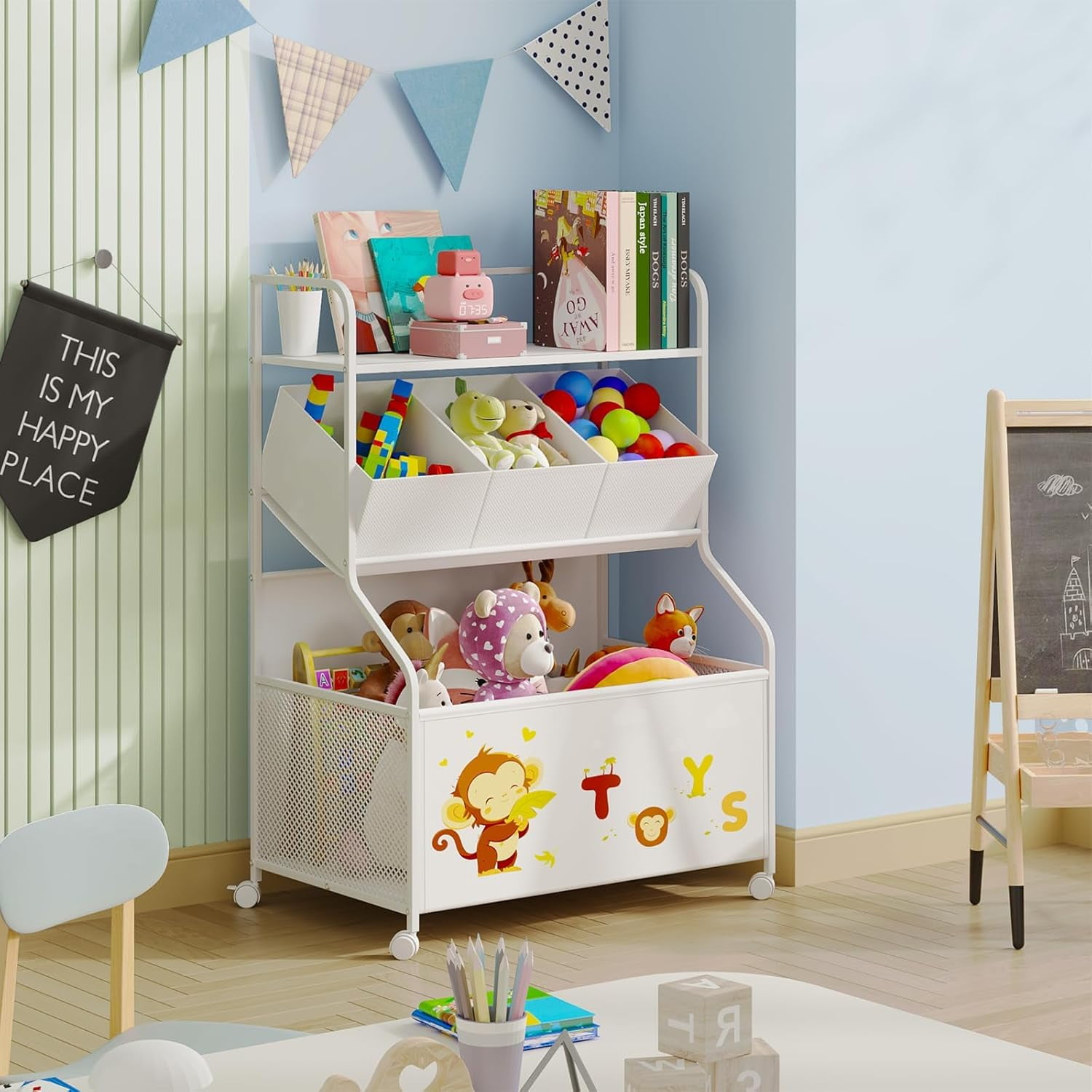 Toy Storage Organizer with Wheels - 3-Tier Kids Large Toy Box, Toy Chest Storage for Boys Girls Toddlers, Kids Bookshelf with 3 Fabric Toy Boxes for Playroom, White