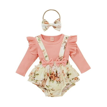 

HESHENG Newborn Baby Girl Romper Set Toddler Ruffle Long Sleeve T-Shirt + Floral Suspender Tutu Shorts + Headband Outfit Sets