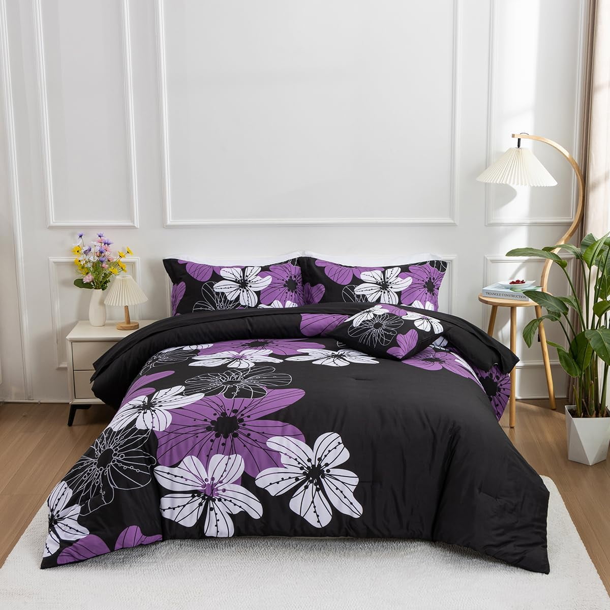NTBED Floral Comforter Set Queen 6 PCS Bed in a Bag Purple Flowers Printed on Black Botanical Bedding Sets Boho