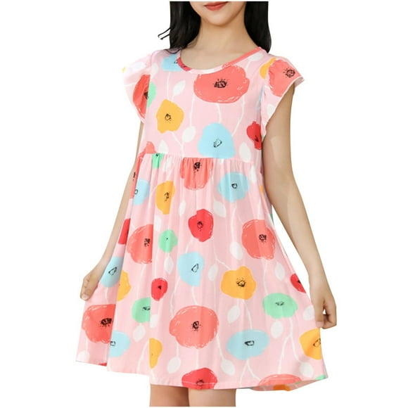Odeerbi Niñas Verano Floral Vestidos Ruffle Sleeve Algodón Vestido Niños Impresión Gráfica Sin Mangas Vestido