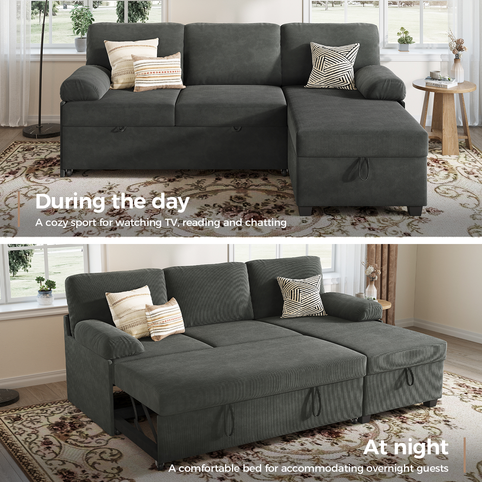 COPIAE 80 inch Convertible Sectional Sofa, L-Shaped Sofa Sleeper with Reversible Chaise,Couch Bed with Storage,Removable Armrest,Modern Pull Out Bed for Living Room Bedroom,Corduroy Gray