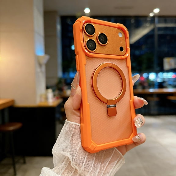 for iPhone 17 Pro Max Case, Adjustable Ring Holder Stand, Shockproof Four-Corners Drop Protective Case Support Wireless Charging, Frosted Translucent Rugged Cover for iPhone 17 Pro Max, Orange
