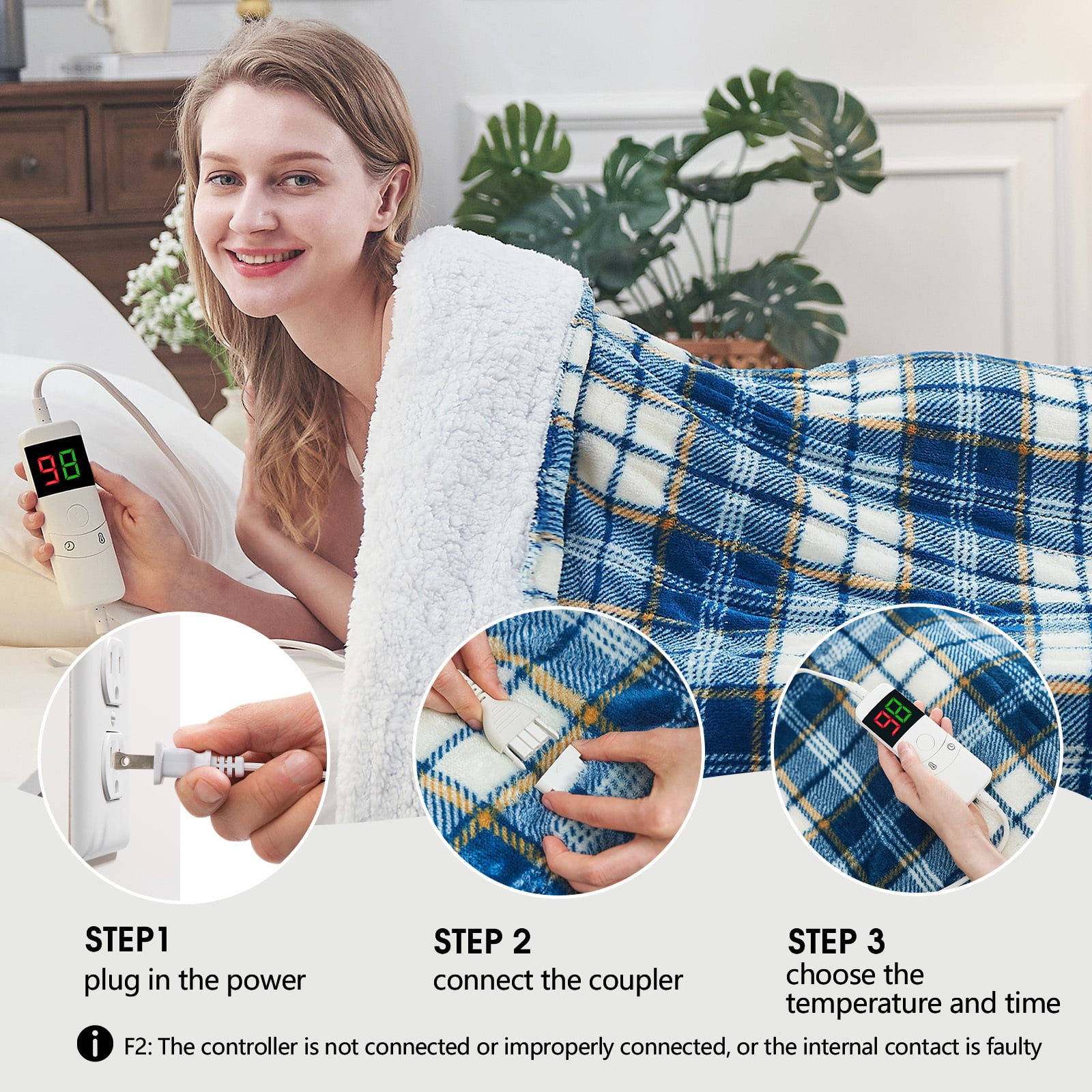 PMONPA Electric Heated Blanket for Adult, 63"x85" Soft Flannel Heating Blanket with 10 Heating Levels & 8 Hours Auto Off，Navy