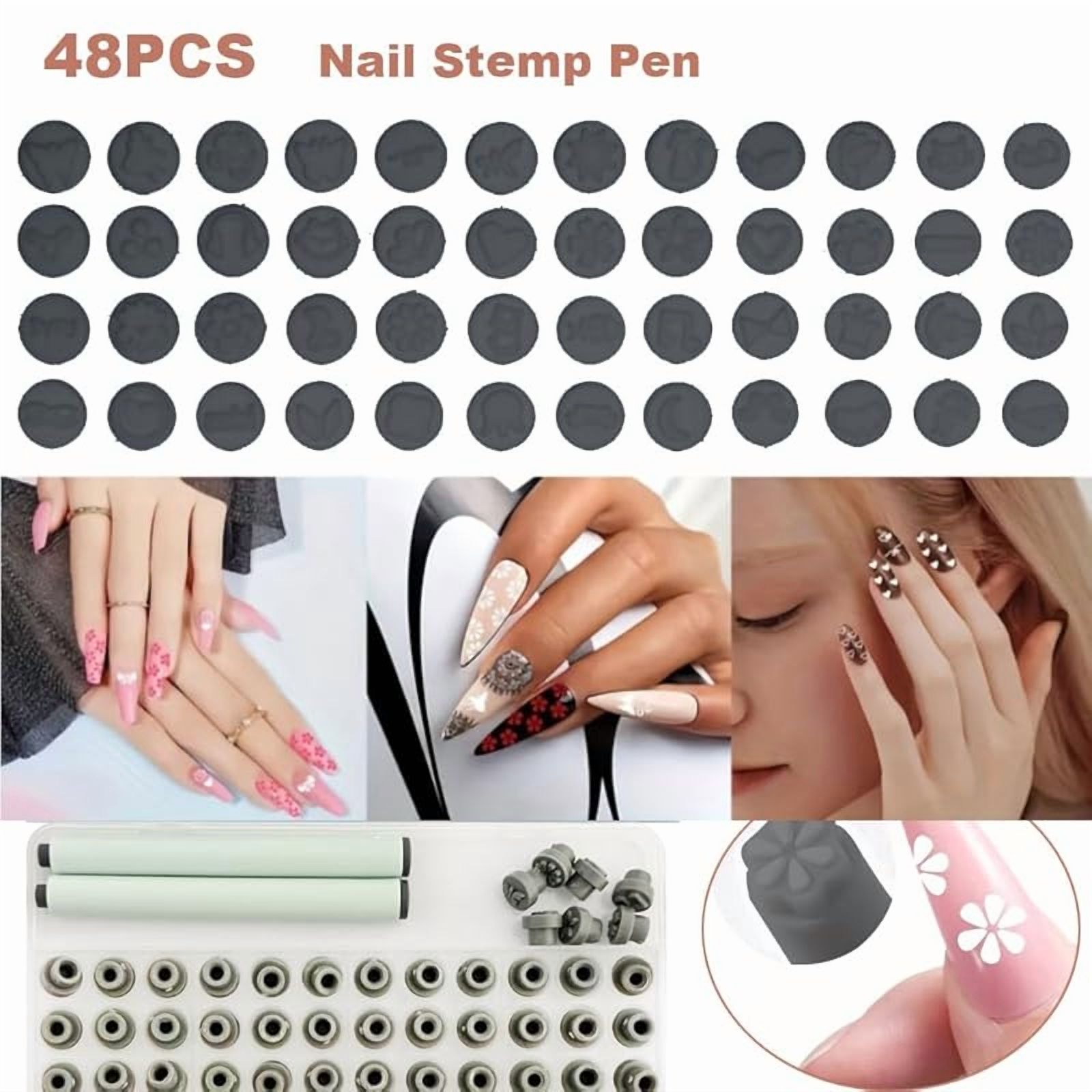 48 Pcs Nail Stamp Pen Set, Nail Art Pens with Interchangeable Stamp Heads, Quick Nail Art Tools with 48 Unique Patterns, Flower Butterfly Rose DIY Nail Stamping Pen Kit, Nail Design Tools for Women