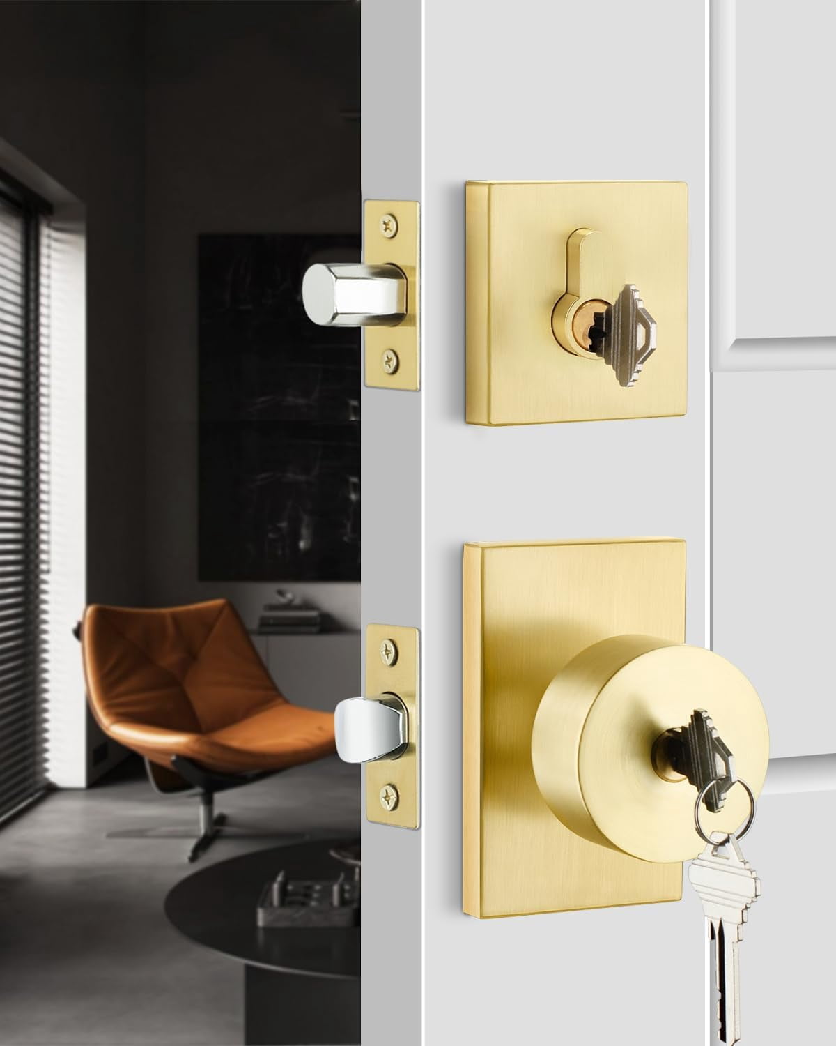 Gold Door Knob with Deadbolt, Zinc Alloy Brushed Gold Keyed Alike Exterior Door Lock Set,Heavy Duty Brushed Brass Front Door Knob and Deadbolt Set with Lock and Key, Reversible (1 Pack)