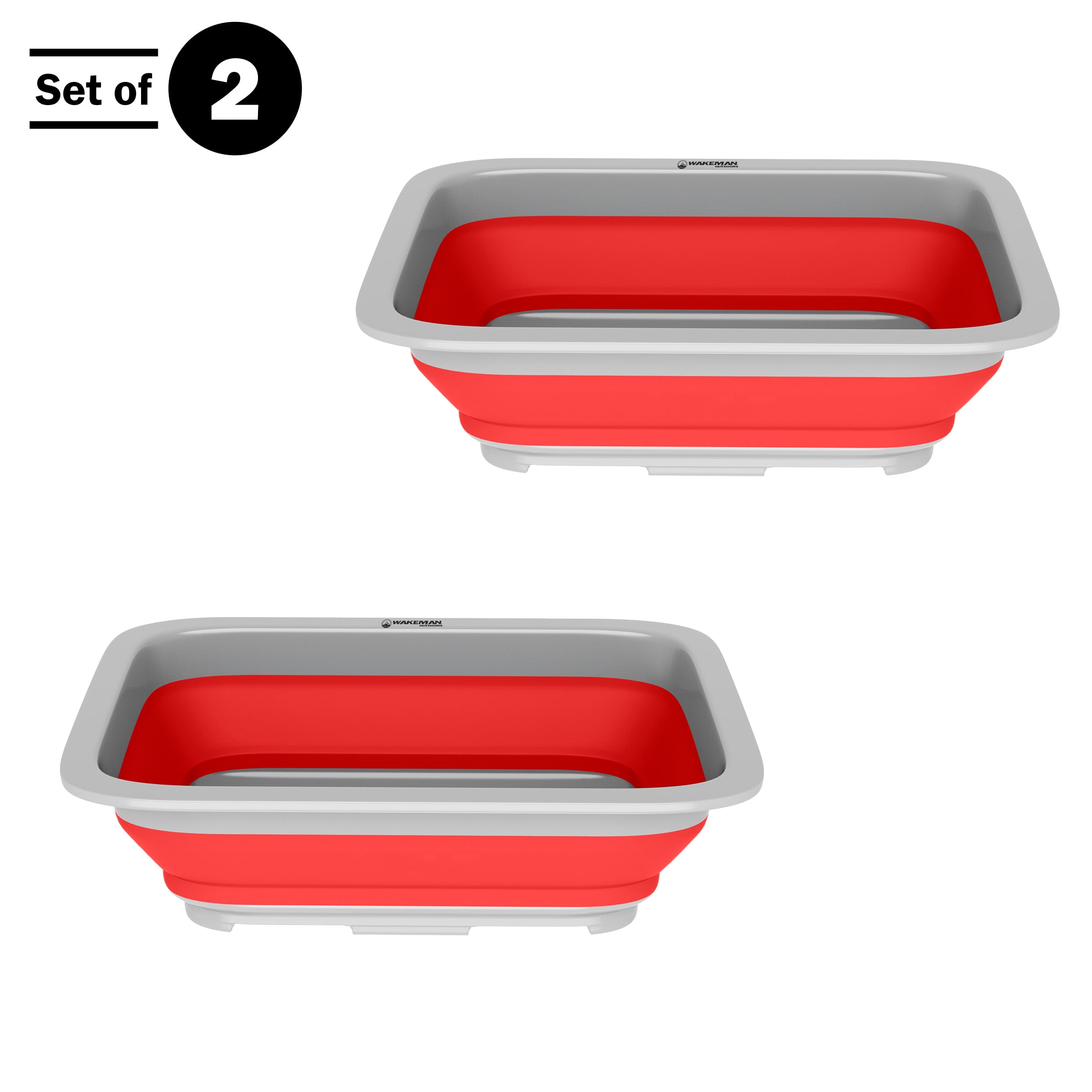 Set of 2 Multipurpose Wash Bins – 10-Liter Basins for Camping, Parties, or Cleaning – Collapsible Bucket Set by Wakeman (Red)