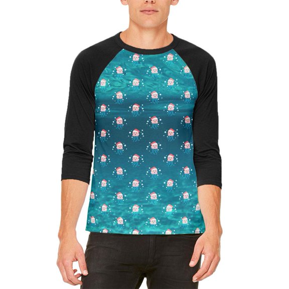 Christmas Caroling Jellyfish Pattern Mens Raglan T Shirt White-Black SM