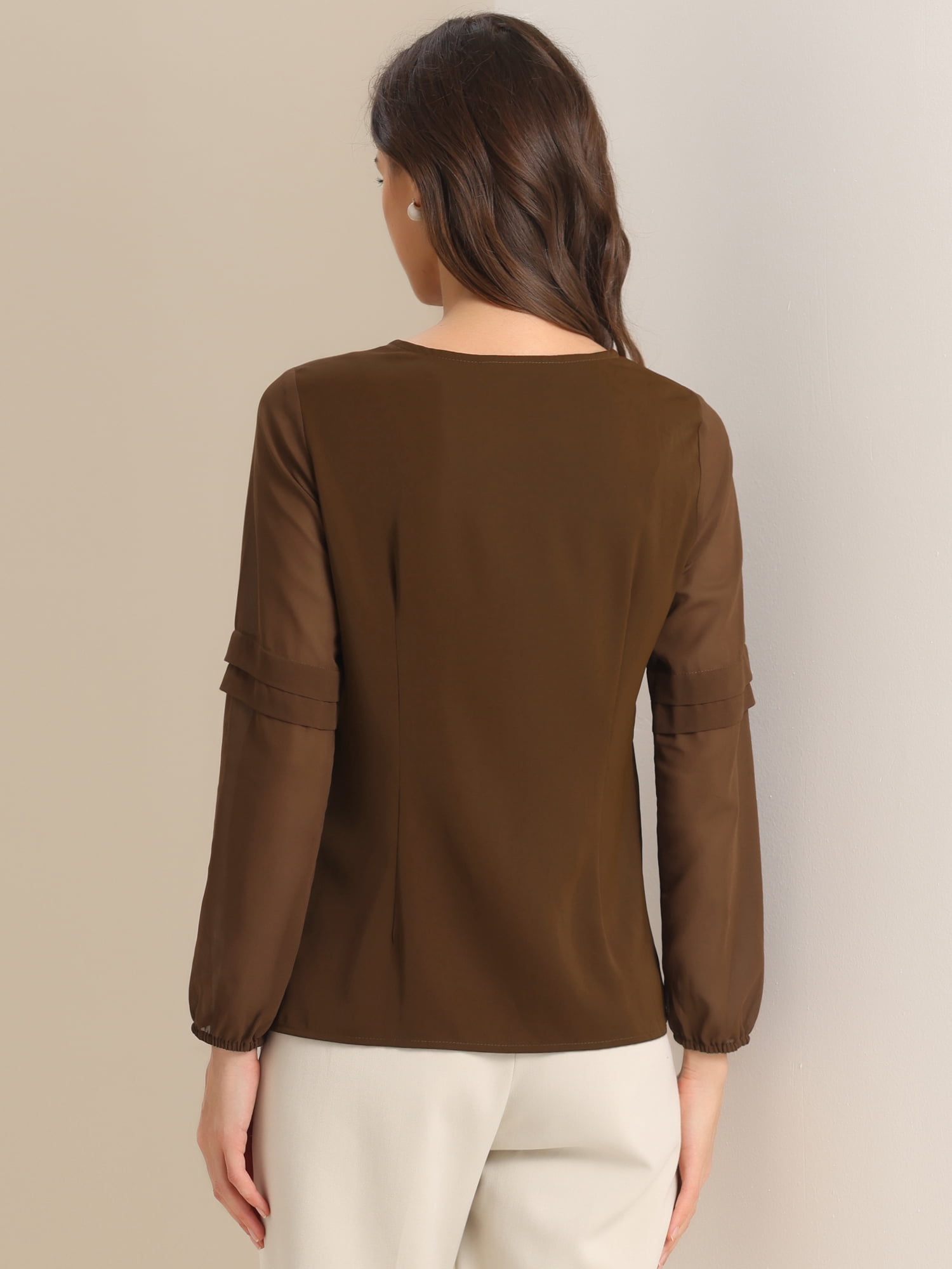 DARING DIVA Chiffon Semi Sheer Long Sleeves Keyhole Neck Blouse XS Dark Brown