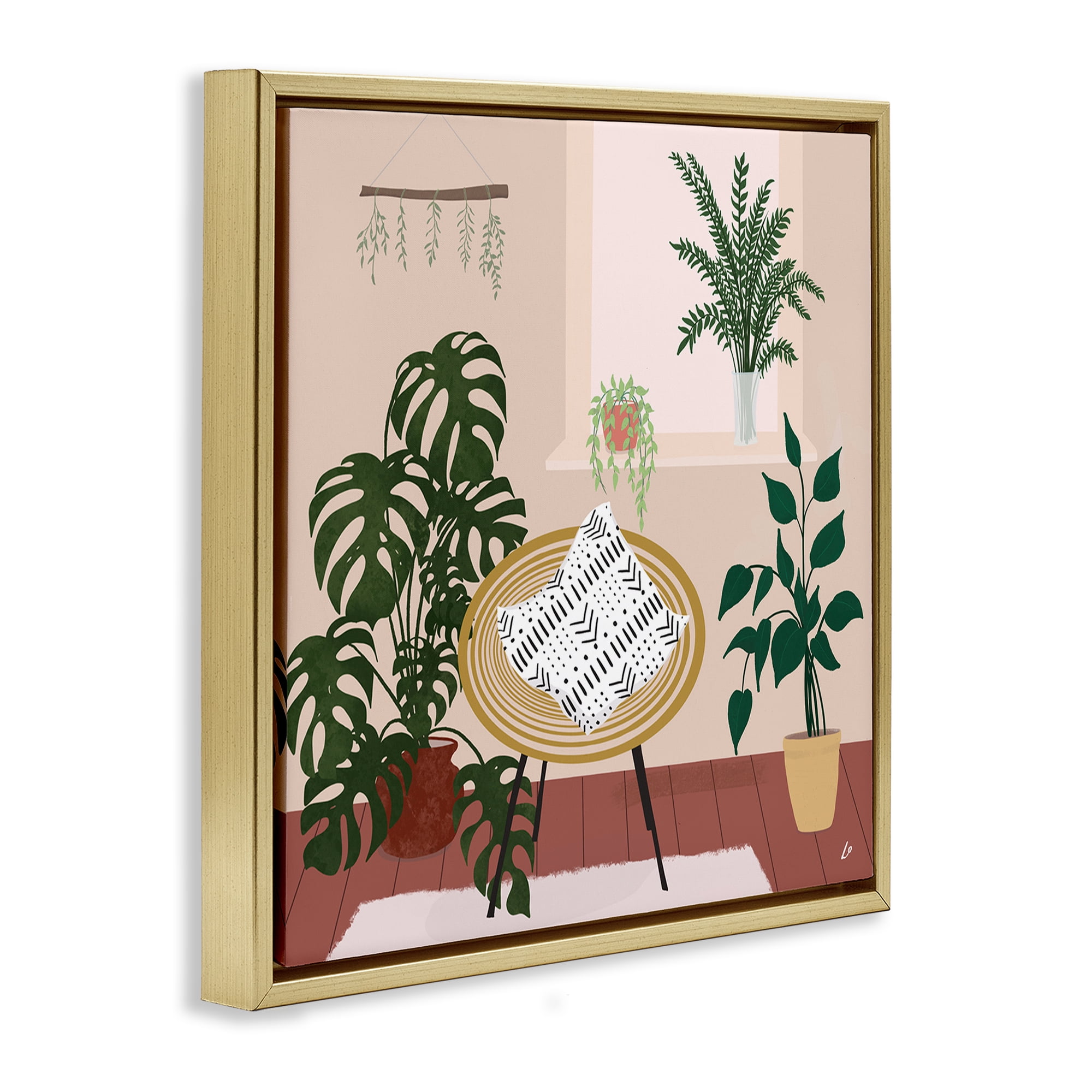 Stupell Industries Plant Filled Boho Space Furniture Painting Gold Floater Framed Canvas Art Print Wall Art, 25 x 25