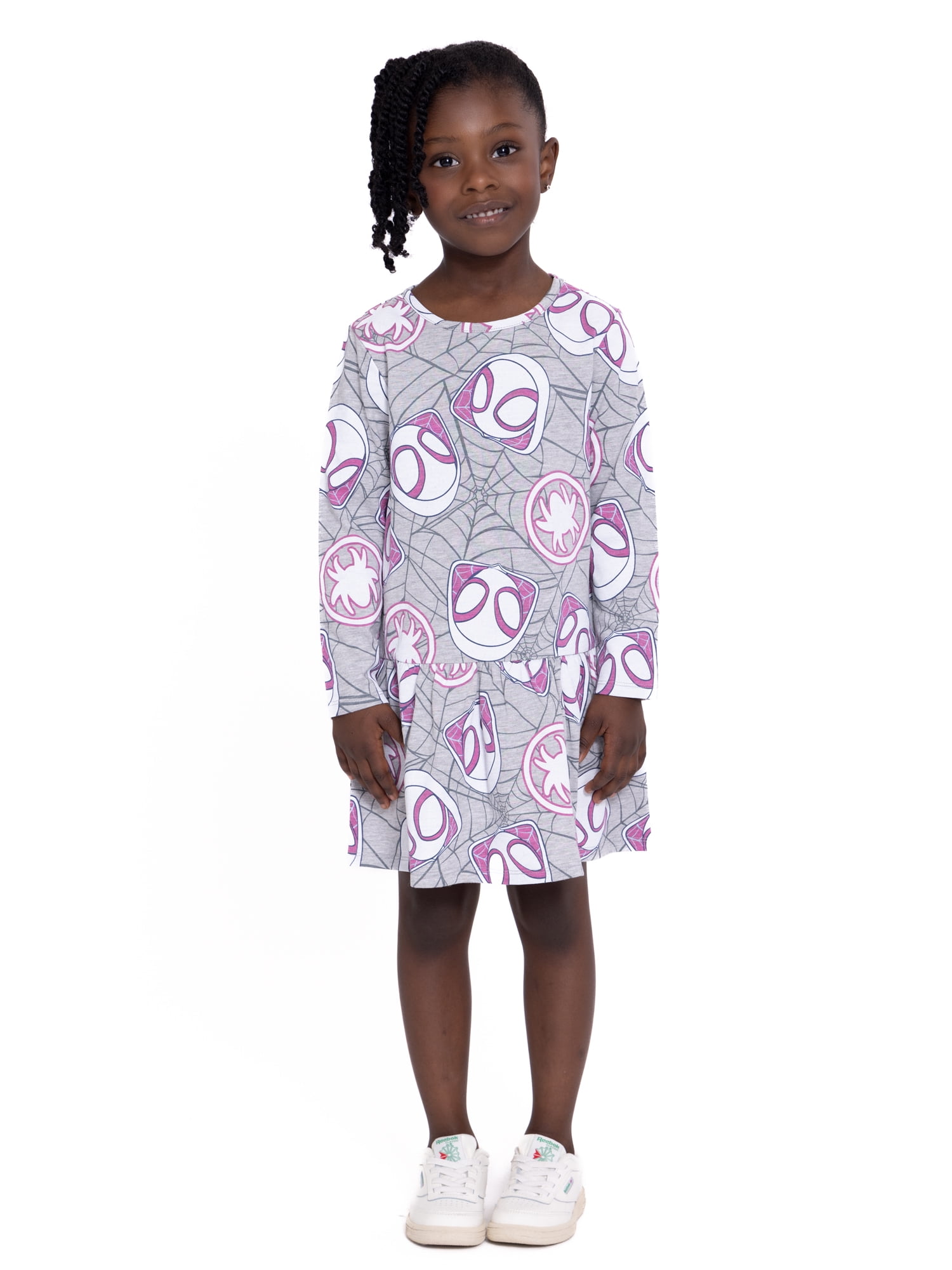 Marvel Ghost Spider Toddler Girl Long Sleeve Drop Waist All Over Print Dress, Sizes 12M-5T