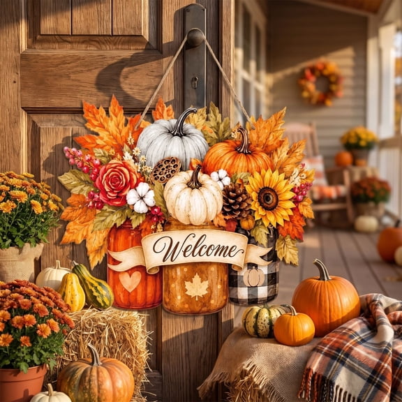 COM1950s Fall Wooden Door Sign, Pumpkin Harvest Wall Decor for Thanksgiving, Rustic Farmhouse Hanging for Front Porch, Entryway and Home
