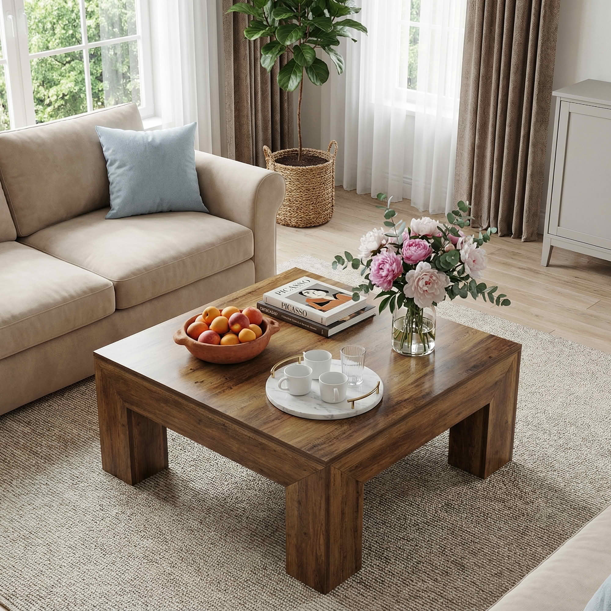 MAYEETY 39 Inch Farmhouse Square Wooden Coffee Table Living Room Center Table