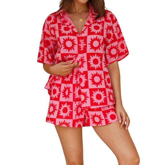 LMLYSoH Women Shorts Set, Printed Short Sleeve Shirt with Elastic Waist Shorts Summer Outfit